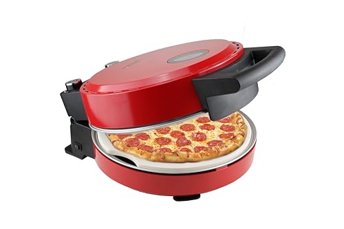 Bestron Pizzaofen für knusprige Pizzen in 5-10 Minuten, elektischer Pizzaofen mit bis zu echten 320°C Höchsttemperatur, inkl. Schamottstein & 2 große Holzspatel, Viva Italia, Farbe: Rot von Bestron