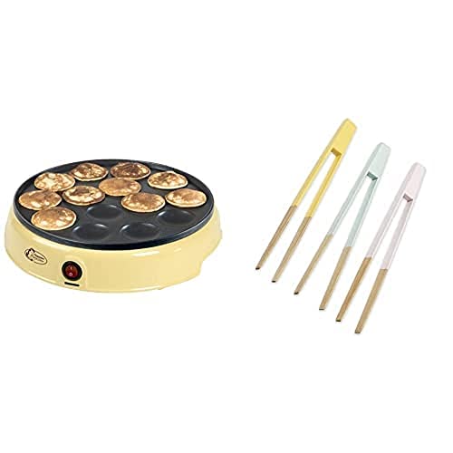 Bestron Poffertjes Maker, inkl. Servierzangen-Set, Ideal zum Entnehmen oder Wenden der Poffertjes, Farbe Gerät: Gelb, Servierzangen: Mehrfarbig von Bestron