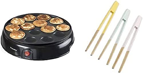 Bestron Poffertjes Maker, inkl. Servierzangen-Set, Ideal zum Entnehmen oder Wenden der Poffertjes, Farbe Gerät: Schwarz, Servierzangen: Mehrfarbig von Bestron