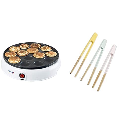 Bestron Poffertjes Maker, inkl. Servierzangen-Set, Ideal zum Entnehmen oder Wenden der Poffertjes, Farbe Gerät: Weiß, Servierzangen: Mehrfarbig von Bestron