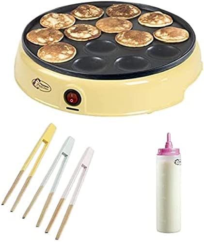 Bestron Poffertjes Maker, inkl. Servierzangen-Set und Teigportionierer für 700ml mit Skala, Farbe Gerät: Gelb, Servierzangen: Mehrfarbig, Teigflasche: Weiß von Bestron