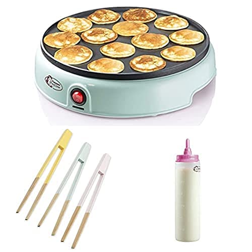 Bestron Poffertjes Maker, inkl. Servierzangen-Set und Teigportionierer für 700ml mit Skala, Farbe Gerät: Mint, Servierzangen: Mehrfarbig, Teigflasche: Weiß von Bestron