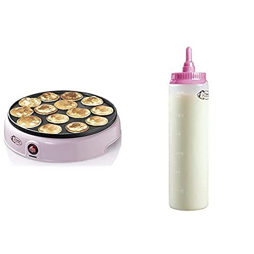 Bestron Poffertjes Maker, inkl. Teigportionierer für 700ml mit Skala, Ideal zum Befüllen des Poffertjes-Geräts, Farbe Gerät: Rosa, Teigflasche: Weiß von Bestron