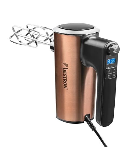 Bestron Power Handmixer, Leistungsstarker Handmixer mit 6 Stufen, Turbo-Funktion & LCD-Display, Rührgerät inkl. 2 Schneebesen & 2 Knethaken, Leichtgewicht von 1KG, Farbe: Kupfer von Bestron