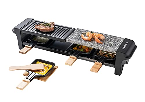 Bestron Raclette Grill für 4 Personen, Elektrischer Tischgrill mit 4 Pfännchen, 4 Holzschaber & 4 Untersetzern, 650 Watt, Farbe: Schwarz von Bestron