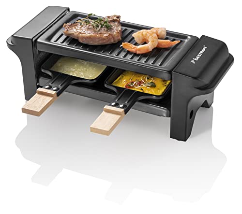 Bestron Raclette für 1 bis 2 Personen, Mini Tischgrill mit zwei Pfännchen, zwei Holzschabern & zwei Untersetzern, 350 Watt, Farbe: Schwarz von Bestron