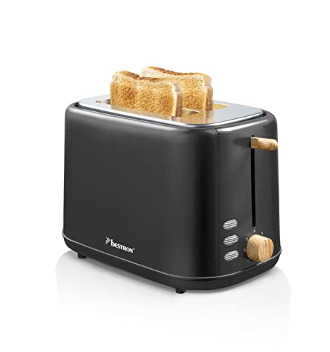 Bestron Toaster für 2 Toastscheiben, inkl. Brötchenaufsatz, 7 Bräunungsstufen & Krümelschublade, 800 Watt, Black & Wood-Design, Farbe: Schwarz / Holz von Bestron