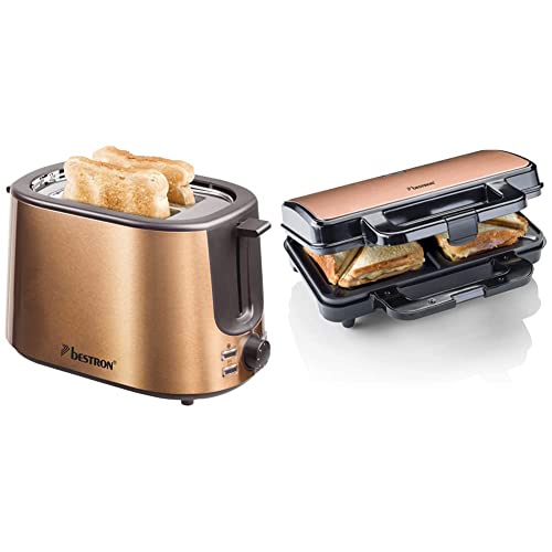 Bestron Toaster mit 2 Röstkammern, 1.000 W, Edelstahl in Kupfer-Optik & ASM90XLCO XL Sandwichmaker, Antihaftbeschichteter Toaster für 2 Sandwiches, 900 Watt, Schwarz/Kupfer, Metal von Bestron