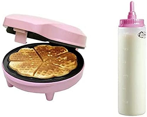 Bestron Waffeleisen für Herzwaffeln & Teigflasche mit Skala, 700ml, Vorteilspaket ideal für Kindergeburstage, Ostern oder Weihnachten, 700 Watt, Farbe: Rosa & Weiß von Bestron