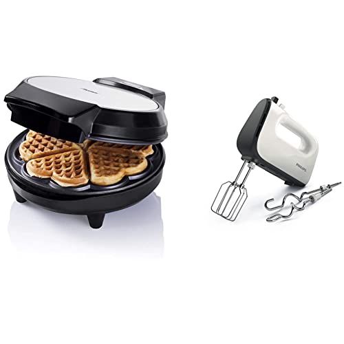 Bestron Waffeleisen für klassische Herzwaffeln, Waffelmaker mit Backampel & Antihaftbeschichtung, 700 Watt, Farbe:Schwarz & Philips HR3741/00 Handmixer (450 Watt, 5 Geschwindigkeiten) weiß/schwarz von Bestron