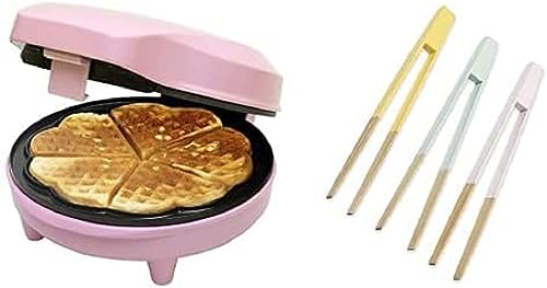 Bestron Waffeleisen für klassische Herzwaffeln, inkl. Servierzangen-Set, Ideal zum Entnehmen oder Wenden der Waffeln, Farbe Gerät: Rosa, Servierzangen: Mehrfarbig von Bestron