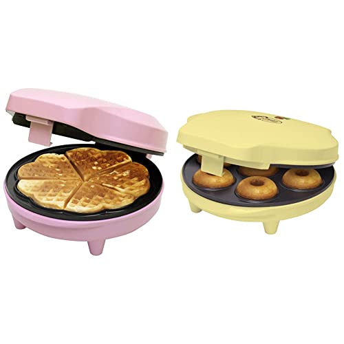 Bestron Waffeleisen für klassische Herzwaffeln & Donut Maker im Retro Design, 700 Watt, Farbe: Rosa & Gelb von Bestron