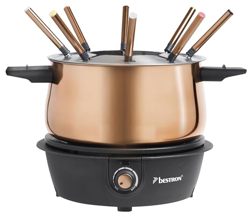 Bestron elektrische Fondue Set für bis zu 8 Personen, mit 8x Fonduegabeln & stufenlosen Thermostat, inkl. Spritzschutz, Farbe: Kupfer von Bestron