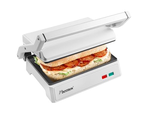 Bestron elektrischer Kontaktgrill mit Auffangschale, Sandwichmaker mit Cool-Touch-Handgriff & 180° Öffnung, Paninimaker mit Antihaftbeschichtung, Einsteigermodell, APM124W, Farbe: Hellweiß von Bestron