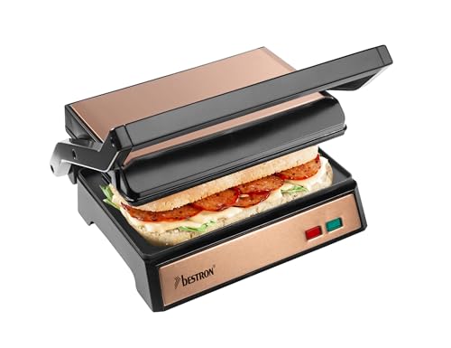Bestron elektrischer Kontaktgrill mit Auffangschale, Sandwichmaker mit Cool-Touch-Handgriff & 180° Öffnung, Paninimaker mit Antihaftbeschichtung, Einsteigermodell, Copper Collection, Farbe: Kupfer von Bestron
