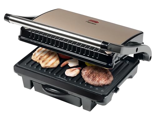 Bestron elektrischer Kontaktgrill mit Auffangschale, Sandwichmaker mit Cool-Touch-Handgriff & Antihaftbeschichtung, Paninimaker mit 1000 Watt, ASW113SAT, Farbe: Hellbeige von Bestron