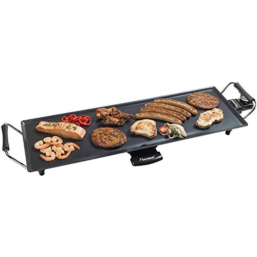 Bestron elektrischer Tischgrill, XL Plancha-/Teppanyaki-Grillplatte mit Antihaftbeschichtung, Grillspaß für bis zu 6 Personen, extra lange Grillfläche, 1.800 Watt, Farbe; Schwarz von Bestron