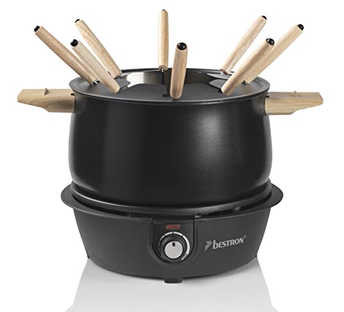 Bestron elektrisches Fondue Set für bis zu 8 Personen, mit 8x Fonduegabeln & stufenlosen Thermostat, inkl. Spritzschutz, Farbe: Schwarz/Holz von Bestron