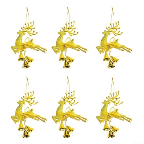 Besttoolifes Rentierglocken-Ornament-Set für Weihnachtsbaum, Party, Kamin, Wand und Fenster, hängende Dekorationen, 6 leichte Kunststoffglocken (goldfarben) von Besttoolifes