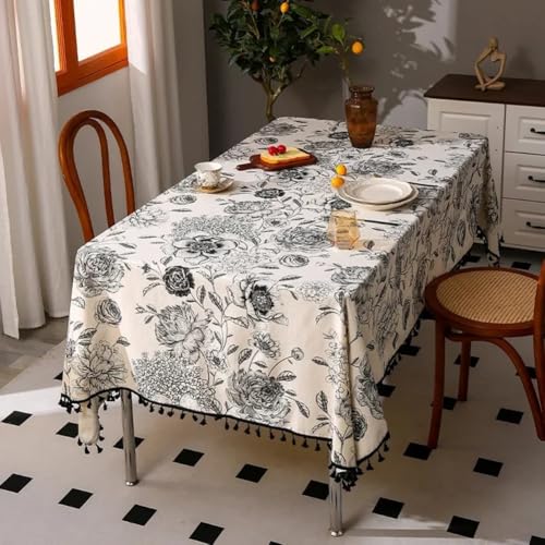Schicke Baumwoll-Leinen-Tischdecke mit Pfingstrosen-Blumendruck und dekorativen Quasten für stilvolle Innenräume (60 x 150 cm) von Besttoolifes