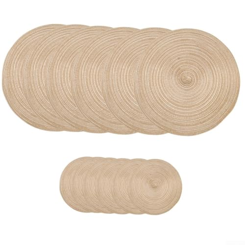 Untersetzer und Platzsets, 12er-Set, für Esstische, runde Matten aus Baumwollmischgewebe, 30 cm und 11 cm, leicht zu reinigen (braun) von Besttoolifes