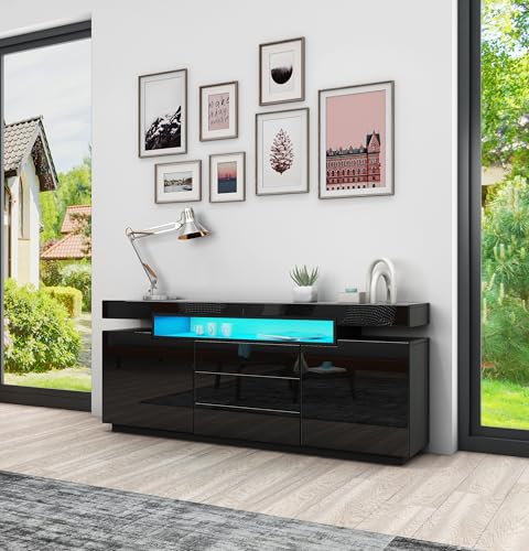 Anrichte Hochglanz LED Anrichte Schrank Schrank mit 2 Türen und 3 Schubladen Moderne Wohnzimmer Schlafzimmer Möbel 160 x 72 x 35cm (Schwarz) von Bestwanted