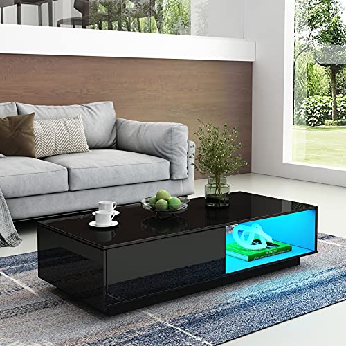 Couchtisch, Couchtisch mit Stauraum, Couchtisch in Schwarz glänzend mit LED-Leuchten, Couchtisch für Wohnzimmer, rechteckiger Mitteltisch mit Schublade und offenem Regal 95 x 55 x 31 cm (0,5 m LED) von Bestwanted