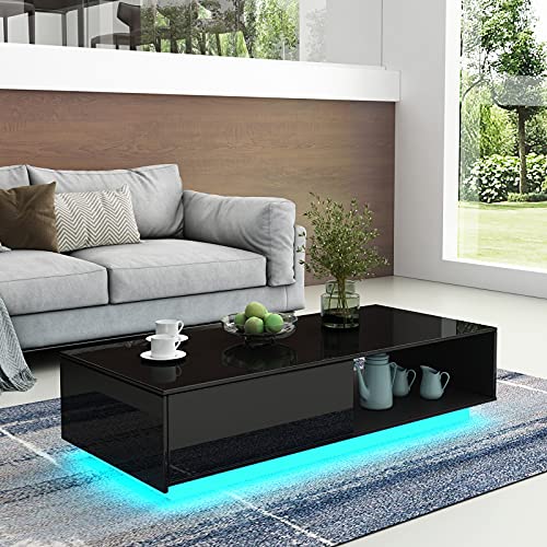 Couchtisch, Couchtisch mit Stauraum, Couchtisch in Schwarz glänzend mit LED-Leuchten, Couchtisch für Wohnzimmer, rechteckiger Mitteltisch mit Schublade und offenem Regal 95 x 55 x 31 cm (2,5 m LED) von Bestwanted