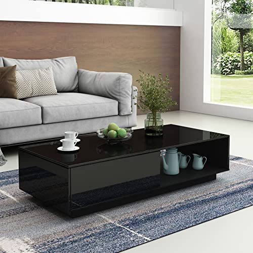 Couchtisch, Couchtisch mit Stauraum, schwarz glänzender Couchtisch für Wohnzimmer, rechteckiger Mitteltisch mit Schublade und offenem Regal, Home-Office-Möbel, 95 x 55 x 31 cm von Bestwanted