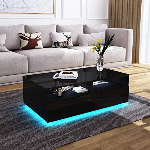 Couchtisch für Wohnzimmer, Hochglanz, Couchtisch mit LED-Lichtern, rechteckiger Mitteltisch mit 4 Schubladen und 4 offenen Regalen, Heimbüro-Möbel, 85 x 56 x 26 cm (schwarz) von Bestwanted