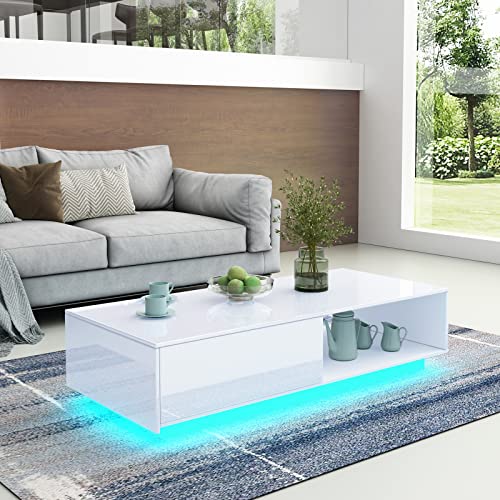 Couchtisch mit Stauraum, in glänzendem Weiß mit LED-Leuchten, für Wohnzimmer, rechteckiger Mitteltisch mit Schublade und offenem Regal 95 x 55 x 31 cm (2,5 m LED) von Bestwanted