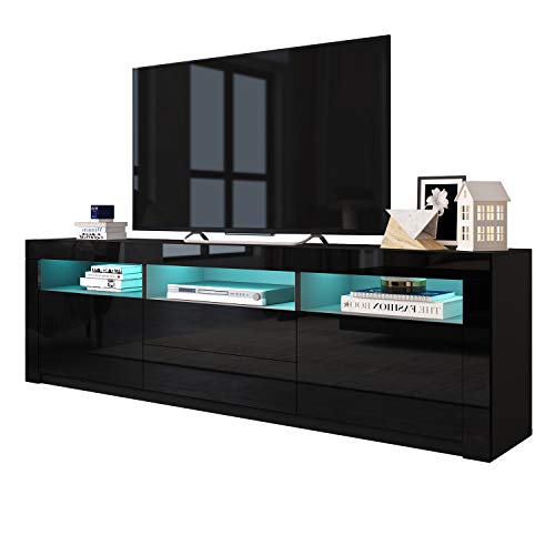 LED-TV-Schrank 160cm, moderner Hochglanz-TV-Schrank mit 2 Türen, 2 Schubladen und offenen Regalen, Sideboard für Schlafzimmer, Wohnzimmer, Wohnmöbel (Schwarz) von Bestwanted