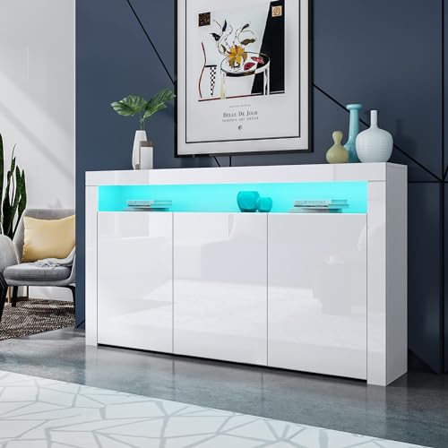 Sideboard Hochglanz 3 Türen Sideboard Schrank Aufbewahrungsschrank mit LED-Leuchten Moderne Wohnzimmer Schlafzimmer Möbel (Weiß) von Bestwanted