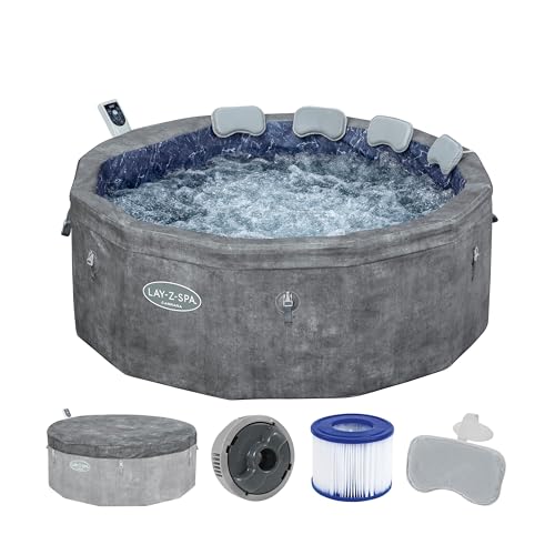 Bestway® Lay-Z-SPA® Energiespar-Whirlpool mit Schaumstoffpaneelen Carrara AirJet™ mit App-Steuerung + integrierter UltraFit™ -Pumpeneinheit, für 6 Personen Ø 170 x 65 cm, Dunkle Alabaster-Optik von Bestway