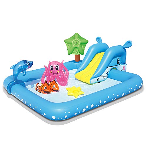 Bestway 53052B-03 - Planschbecken Fantastic Aquarium mit Rutsche, Wassersprüher und Spieltieren, 239 x 206 x 86 cm von Bestway