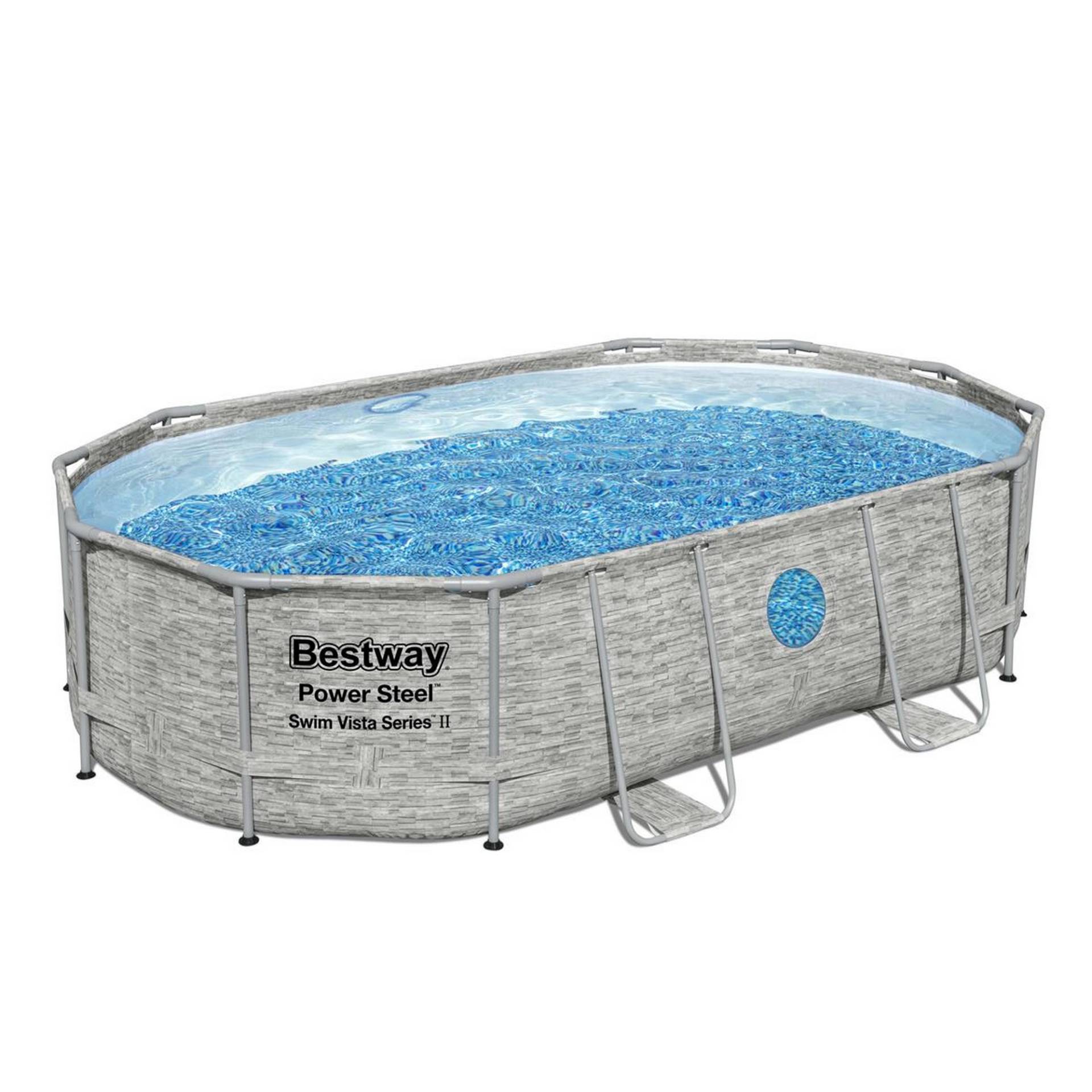 Bestway Aufstellpool 'Power Steel™ Swim Vista Series™' Komplett-Set mit Sandfilteranlage cremegrau Steinwand-Optik oval 488 x 305 x 107 cm von Bestway
