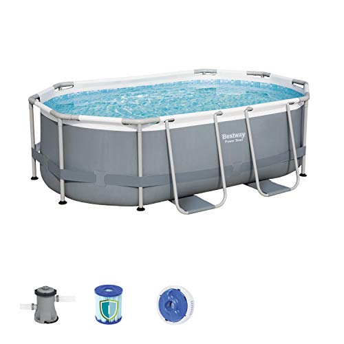 Bestway Comfort Jet 610x366x122 cm, stabiler Frame Pool oval im Komplett Set mit Massagefunktion, inklusive Filterpumpe, Leiter und LED-Licht von Bestway