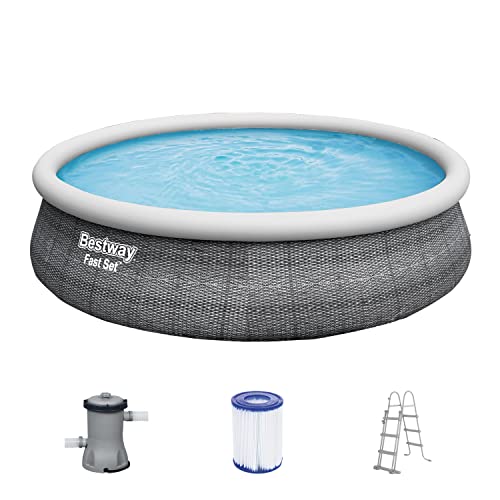 Bestway Fast Set Pool, 457 x 107 cm, Komplett-Set mit Filterpumpe, rund, graue Rattan-Optik von Bestway