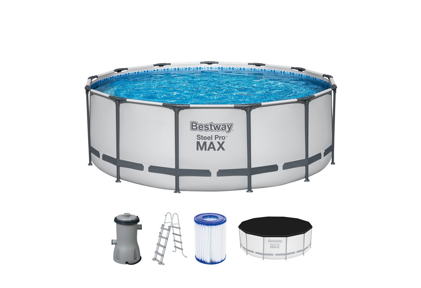 Bestway Framepool 5618W (Komplett Set, 4-tlg., Pool, Pumpe, Leiter, Anschlüsse, Plane), robustes DuraPlus™-Material, erhöhte Festigkeit und Haltbarkeit von Bestway