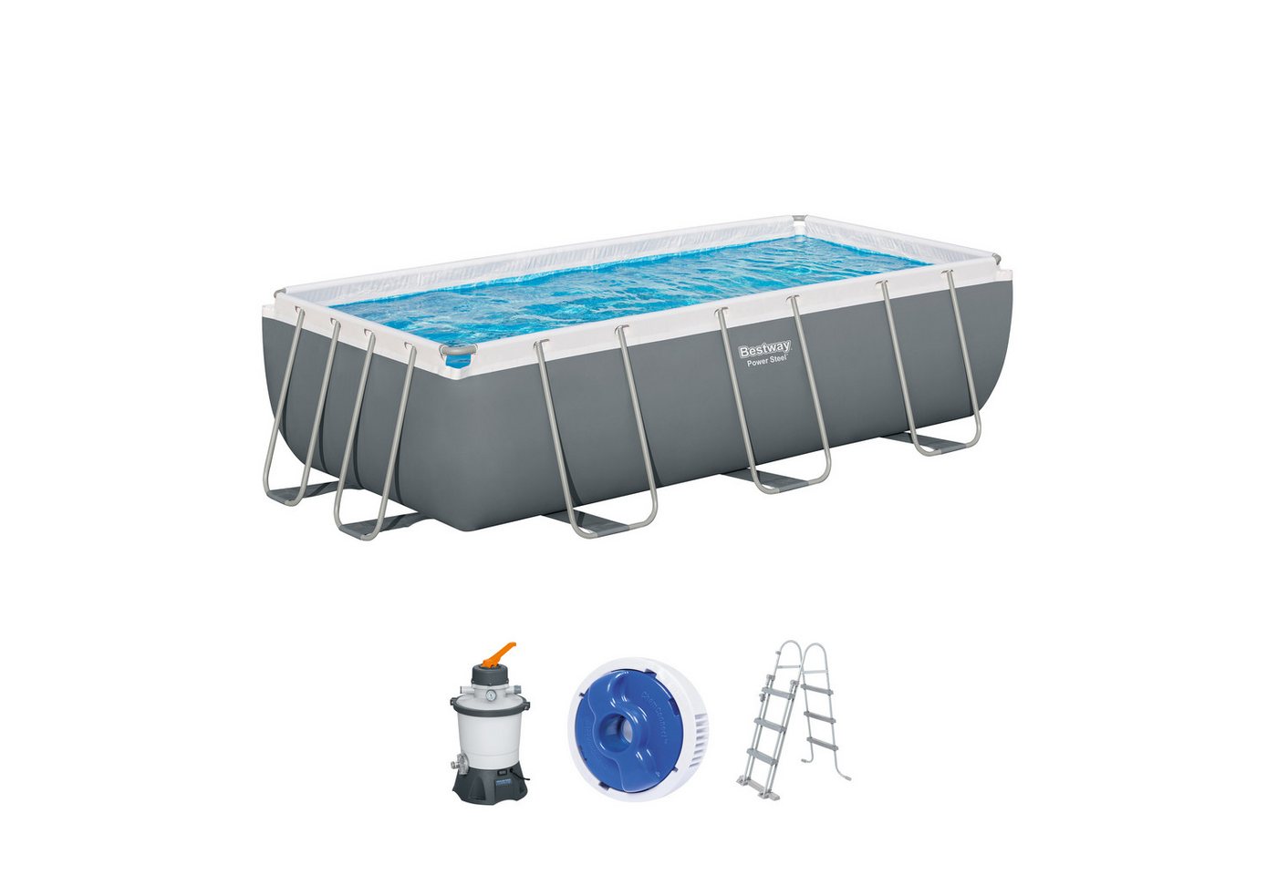 Bestway Framepool 56442 Power Steel Frame Pool 404 x 201 x 100 cm (Komplett Set, Pool + Sandfilteranlage + Leiter + Chemikaliendosierer) von Bestway