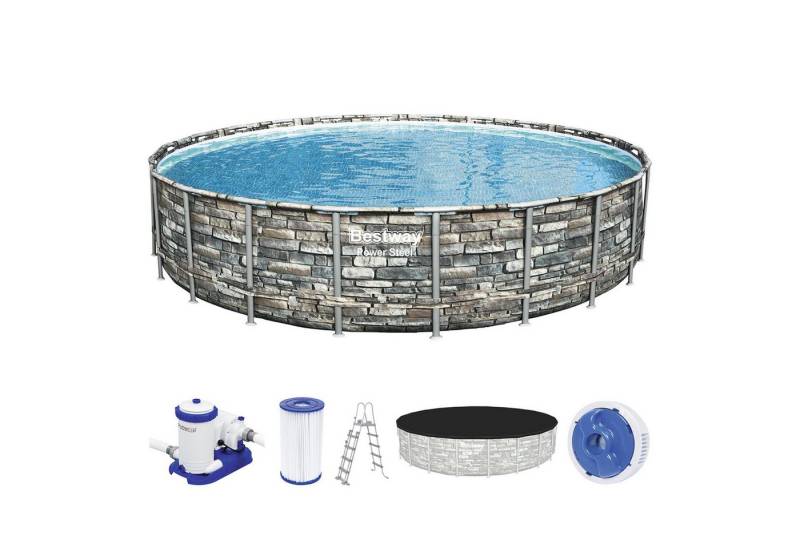 Bestway Framepool Power Steel™ Komplett-Set mit Filterpumpe Ø 671 x 132 cm Steinwand-Opt (Set, mit Filterpumpe, Abdeckplane & Sicherheitsleiter) von Bestway