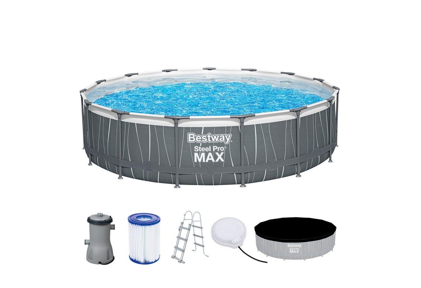 Bestway Framepool Steel Pro MAX™ LED-Design, Komplett-Set mit viel Zubehör, Ø 457 x 107 cm, 14.970 Liter von Bestway