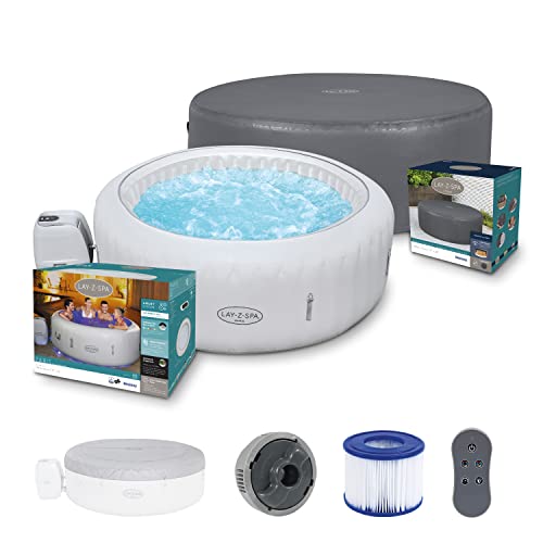 Bestway Lay-Z-SPA Paris AirJet Whirlpool, 196 x 66 cm, 4-6 Personen, rund, weiß + Xtras EnerySense Thermo-Komplettabdeckung Ø 196 x 71 cm, rund von Bestway