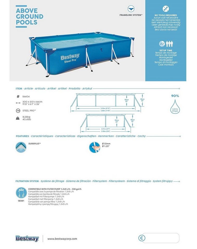 Bestway Pool Steel Pro Frame Pool ohne Pumpe 300 x 201 x 66 cm, blau, eckig von Bestway