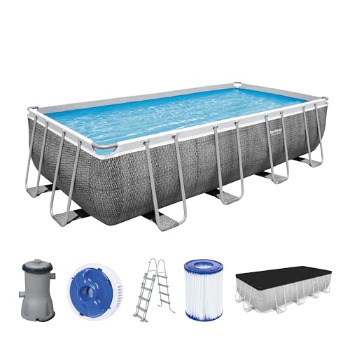 Bestway Power Steel Frame Pool Komplett-Set mit Filterpumpe 488 x 244 x 122 cm, Rattan-Optik (Schiefergrau), eckig von Bestway