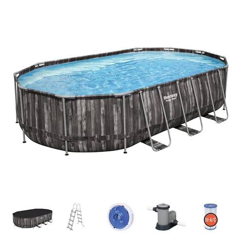 Bestway Power Steel Frame Pool Komplett-Set mit Filterpumpe 610 x 366 x 122 cm , Holz-Optik (Mooreiche), oval von Bestway