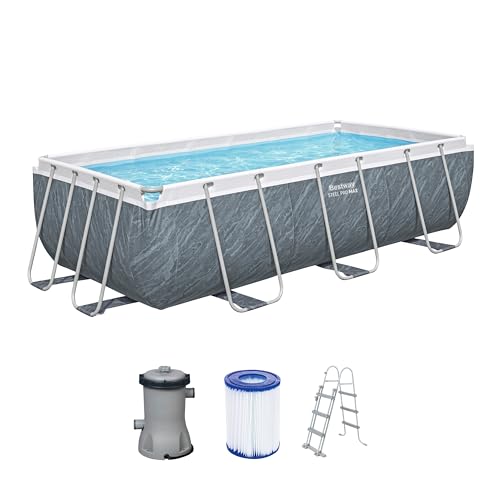 Bestway Power Steel Frame Pool Set mit Filterpumpe 404 x 201 x 100 cm, Marmor-Optik (Schiefergrau), eckig von Bestway
