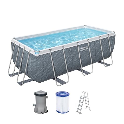Bestway Power Steel Frame Pool Set mit Filterpumpe 412 x 201 x 122 cm, Marmor-Optik (Schiefergrau), eckig von Bestway