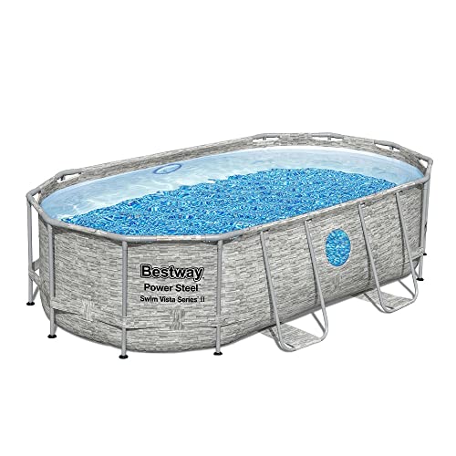 Bestway Power Steel Swim Vista Series Frame Pool Komplett-Set mit Filterpumpe 427 x 250 x 100 cm, Steinwand-Optik (Cremegrau), oval von Bestway