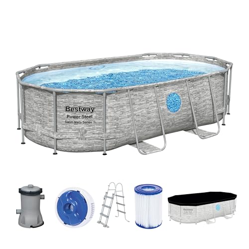 Bestway Power Steel Swim Vista Series Frame Pool Komplett-Set mit Filterpumpe 427 x 250 x 100 cm, Steinwand-Optik (Cremegrau), oval von Bestway